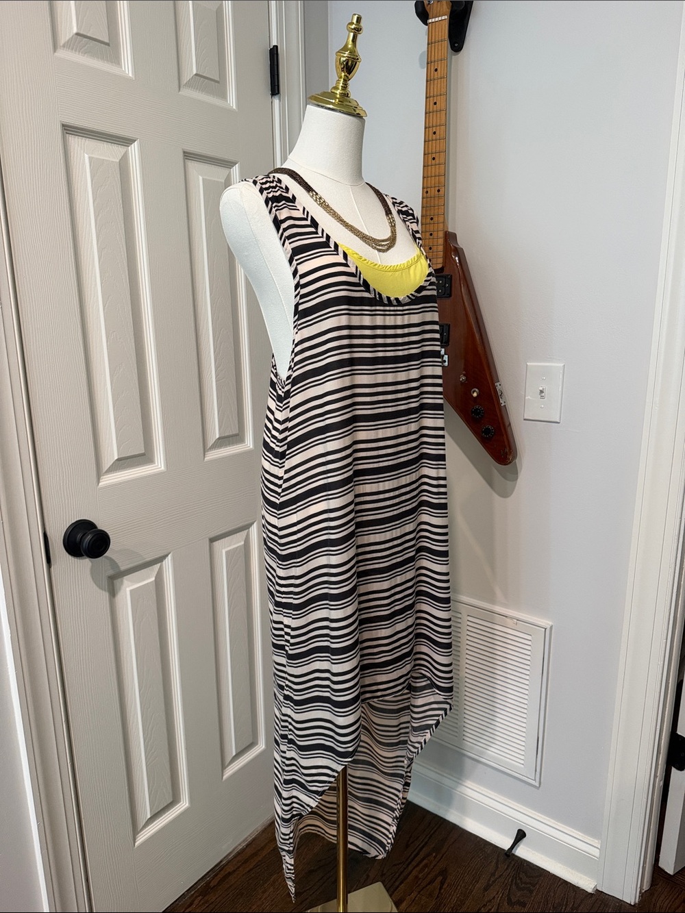 Kensie Black & Tan Striped High-Low Dress with Yellow Neckline